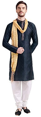 Maple Clothing Kurta Herren-Pyjama, Polyseide, Indien, Hochzeit, Party, Bekleidung, Schwarz mit Schal, XXX-Large