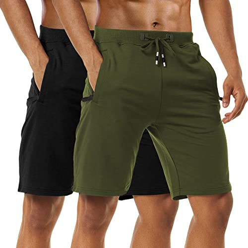 Kurze Hosen Herren - Sporthose Herren Kurz, Laufshorts Männer Sommer Baumwolle Kurze Jogginghose Fitnesshose Shorts Kurz SportShorts Trainingshose Mit Reißverschlusstasch, 2er-Pack Black/Green-L
