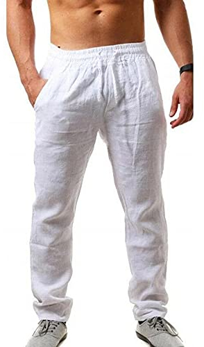 Sprifloral Pantaloni Casual di Lino da Uomo Coulisse Pantaloni da Spiaggia Estivi Leggeri Bianco XL