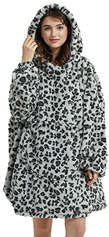 Viviland Oversized Hoodie Fuzzy Blanket Sweatshirt,Super weicher warmer bequemer Riesenpullover mit großer Fronttasche, Geschenke für Frauen Männer Teenager Kinder, Gepard Print Grau