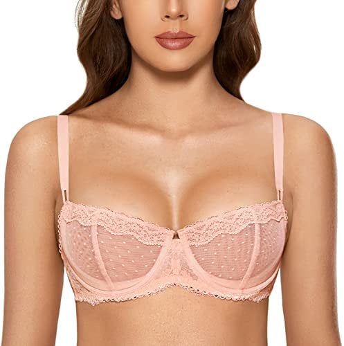 DOBREVA Women's Sexy Lace Balconette Bra Unlined Underwire Open Half Cup Bra See Through Sheer Balcony Bra Peachy Keen 34F