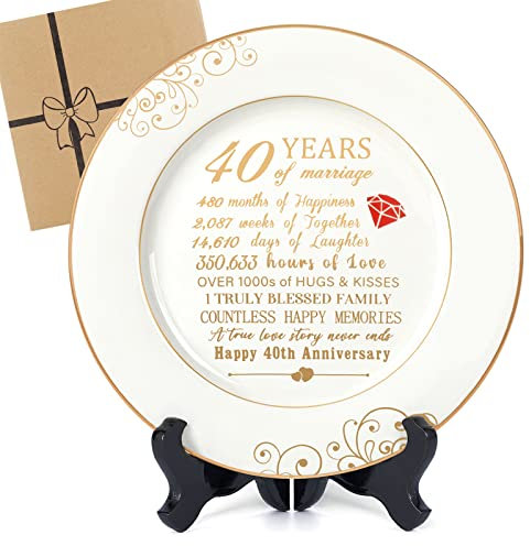 Urllinz Regalos de boda de 40 aniversario para esposa, plato de aniversario de 40 años con lámina de oro de 24 quilates, decoraciones felices para parejas, padres, él, su marido, cerámica, 9 pulgadas