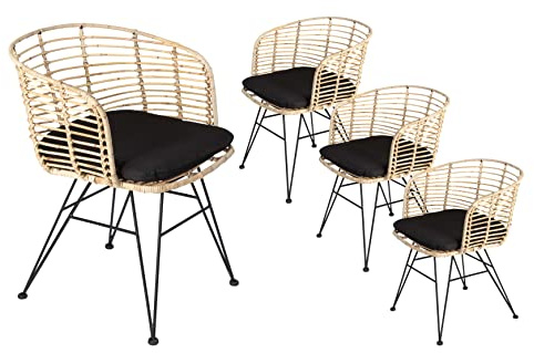 SAM 4er Set Rattanstuhl Nairobi, Farbe Natur, inklusive Sitzkissen | Korbstuhl mit Metallfüßen, Geflechtstuhl/Eisenstuhl im Retro-Design, Esszimmerstuhl mit Armlehnen