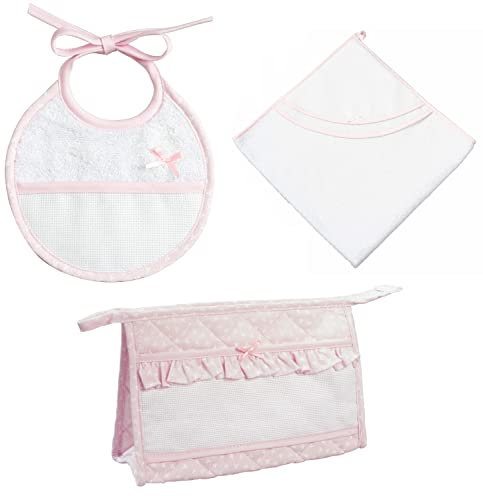 FILET - Ensemble de bain 3 pièces à broder, Peignoir Triangle, Trousse de toilette, Bavoir, Idée cadeau originale pour bébés, Made in Italy, Couleur Rose