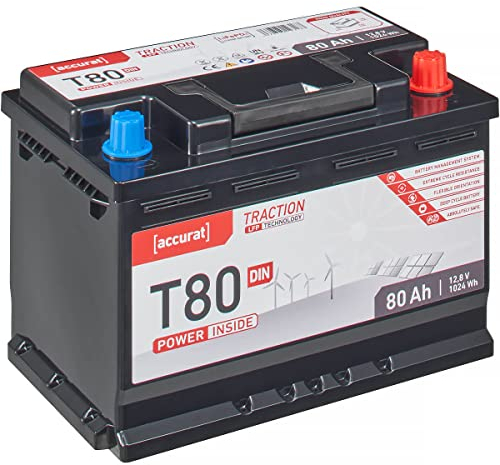 Accurat Traction LiFePO4 T80 DIN- 12V, 80Ah- Lithium-Eisenphosphat Versorgungsbatterie, Bootsbatterie, Solarbatterie für Wohnwagen, Wohnmobil, Camper