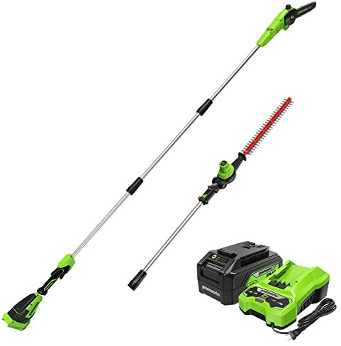 Greenworks 10-Inch Brushless 24V Pole Saw Combo Kit/20-Inch Hedge Trimmer, 4.0Ah Battery and Charger Included