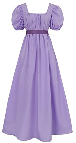 FRIUSATE Regency Dress, Jane Austen Regency Dress with Satin Sash, Victorian Empire Waist Ruffled Puff Sleeve Long Dress for Parties Ball Gown(L Purple)