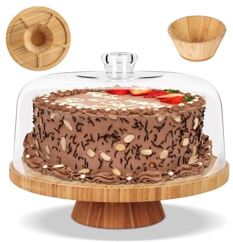 Myiosus Soporte para tartas con tapa, soporte de madera para tartas con tapa de cúpula, soportes multiusos para tartas con cubierta para cumpleaños, boda, fiesta, picnic (transparente, 28 cm)