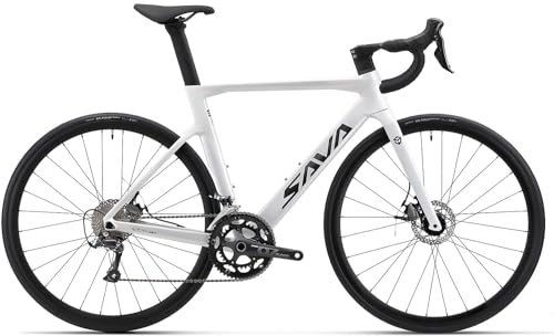 SAVADECK Bicicleta de Carretera de Fibra de Carbono, 700C Bicicleta de Carreras Cuadro de Carbono Horquilla de Carbono con SORA R3000 Sistema de Desviador de 18 Velocidades Freno de Disco para adultos