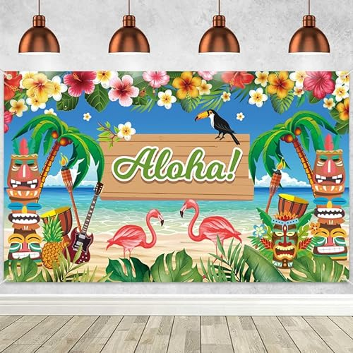 Woyamay Aloha Hintergrund Banner, Hawaii Aloha Party Dekorationen, Extra Groß Hawaii Deko Fotohintergrund für Beach Party Deko, Tropische Flamingo Deko Banner für Luau Sommer Deko, 185 * 110 cm