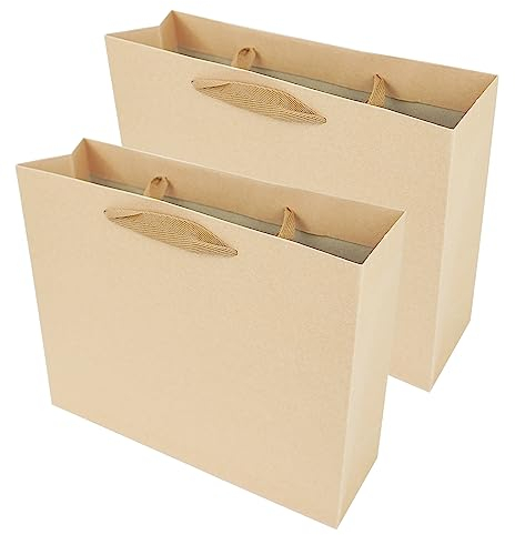 PACK4YA Sacchetti regalo di carta con nastro fiocco, sacchetto regalo con manico per compleanno, matrimonio, festa di Natale, shopping, baby shower, 27 x 8 x 21 cm (Marrone, 2 pezzi)