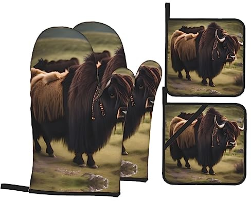 Ofenhandschuhe und Topflappen für Küche, Mighty Highland Yak, komfortable, hitzebeständige Handschuhe zum Kochen und Backen, 4 Stück
