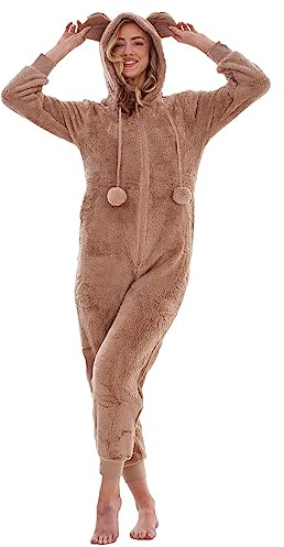 Keanu Womens Thick Snuggle Hooded Onesie - Luxury Warm Fleece Novelty Onesie with Pom Poms - Rose Gold, Snow Grey & Black - Sizes 8-20