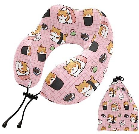 linqin Reisekissen, tragbares Memory-Schaum, Reise-Nackenkissen, Shiba Inu Sushi Wasabi, ergonomisches Nackenstützkissen, Flugkissen mit Aufbewahrungstasche für Schlafruhe, Auto, Arbeit, Zuhause