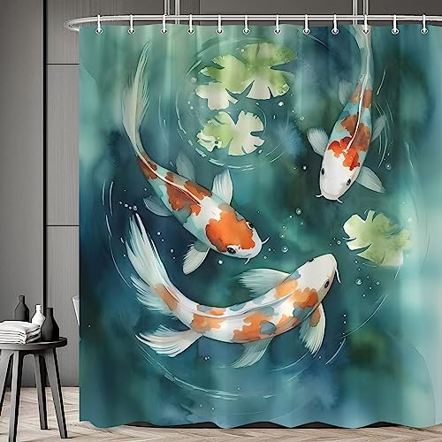 RDRUVA Koi Fish Shower Curtain Asian Japanese Art Bathroom Curtains Colorful Carp Lotus Leaf Pond Oriental Traditional Watercolor Ink Painting Bathtub Decor Include Hooks 70 x 70 in