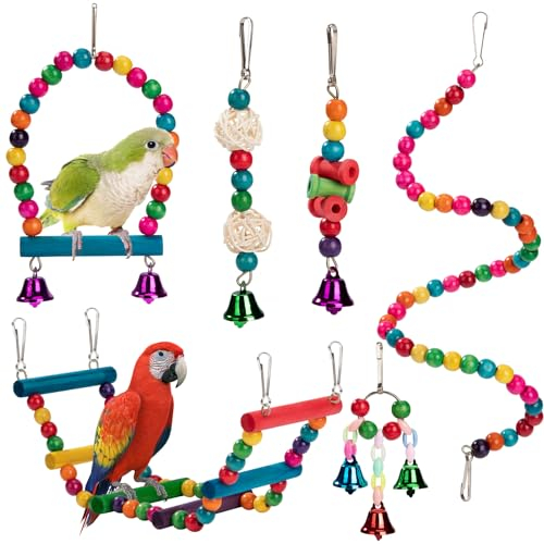 YSQEVN Vogelspielzeug Naturholz Vogel Papagei Schaukel Bunt Hängende Glocke Papageienspielzeug für Nymphensittiche, Finken, kleine Sittiche und Aras, 6 Stück