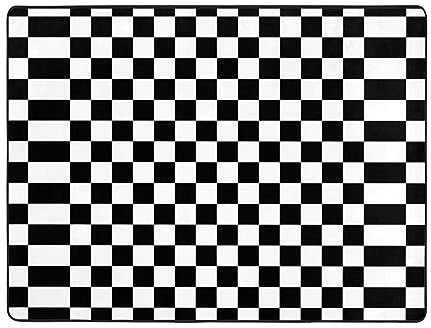 Flanell-Teppich, 160 x 122 cm, weich, strapazierfähig, rutschfest, für Wohnzimmer, Büro, Couchtisch, schwarz-weiß kariertes Muster