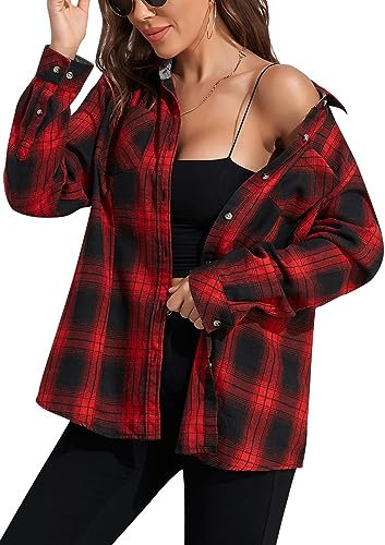 wihnsinop Hemd Damen Kariertes Bluse Flanell Hemden Oktoberfest Karo Langarmshirt Lässiges Hemdbluse Baumwolle Dickes Oberteile mit Tasche Rot Schwarz Karo XXL