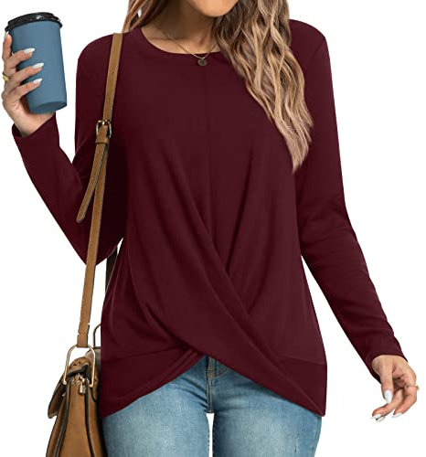 HOTGIFT Womens Christmas Tunics Top Long Sleeve Casual Shirts Plus Size Loose Blouse Burgundy X-Large