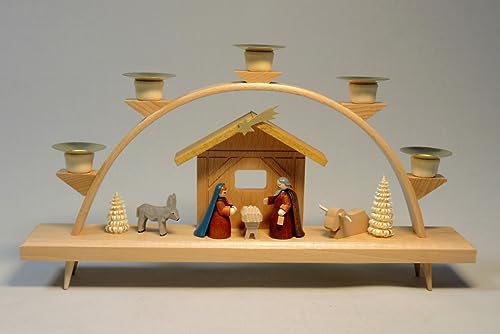 Richard Glaesser Schwibbogen Christi Geburt, bunt gebeizte Figuren, aus Seiffen im Erzgebirge