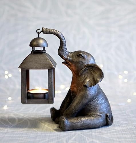 Elephant with Lantern Tealight Holder | Resin Statue Ornament Metal Home Decor