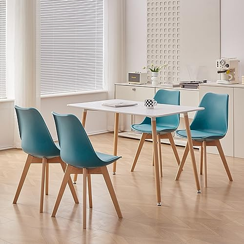 HJhomeheart Essgruppe mit Tisch und Stühlen, Rechteckiger Esstisch und 4 Skandinavische Küchenstühle, für Esszimmer, Küche, Wohnzimmer, Weiß + Grün