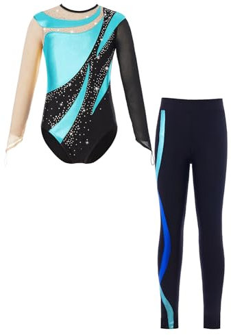 iEFiEL Mädchen Turnanzug Langarm Glitzer Gymnastik Kleidung Set Ballett Trikot Langarmbody mit Lange Hose Kinder Gymnastikanzug Zb Türkis 134-140
