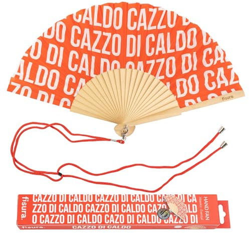 Fisura – Origineller Handfächer mit der Botschaft C*azzo di caldo. Moderner und lustiger Holzfächer. Roter Fächer mit Muster. Fächer mit Fächerhalter. Maße: 42,5 x 23 cm.