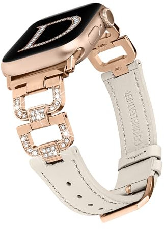 Wearlizer Leather Strap Compatible with Apple Watch Straps 41/40/38/42mm Women, Dressy Fancy Bling D-Shape Diamond Strap for iWatch Series 11/10/9/8/7/6/5/4/3/2/1/SE, Starlight/Rose Gold M