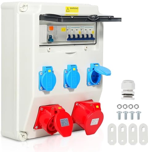 Izrielar Distributore da parete con interruttore di protezione del tubo, 5 poli, con 3 prese Schuko e presa CEE 16/32 A, distributore di corrente per interni ed esterni