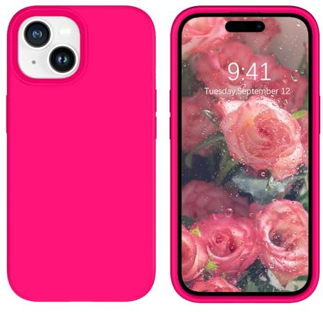 DOMAVER Coque en Silicone iPhone 15 Plus Antichoc Liquide, Fin iPhone 15+ Case, Etui Douce Doublure en Microfibre, Housse de Téléphone iPhone 15 Plus, Rose Fluo