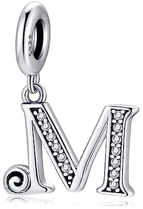 Pendentif Lettre Initial M en Argent fin 925 et Oxyde de Zircon, Charme Convient aux Pandora Bracelets et Colliers pour Filles et Femmes