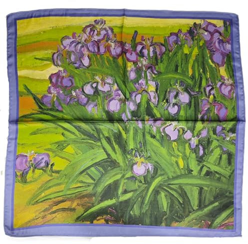 GIMIRO Schal aus imitierter Seide [53 x 53cm] Quadratische Schals Impressionismus-Muster Vintage-Schal für Büroarbeit oder lässigen Bund (83# AF01 Green/Violet Flower)