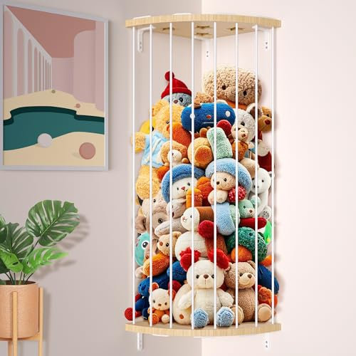 LAHAQIQI Corner Stuffed Animal Storage Organizer with Star Pattern for Teddy Length Adjustable Wood Hanging Plush Toy Shelf for Nursery, Play Room, Bedroom, or Kids Room