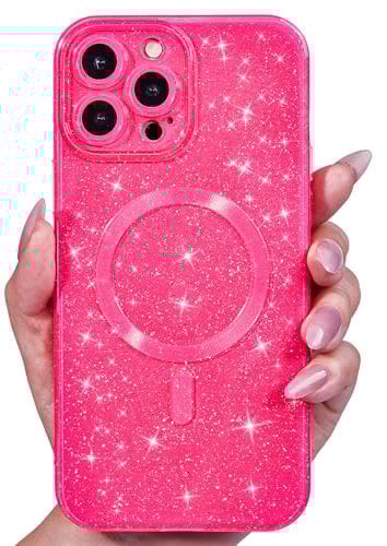 Svanove Glitter Case for iPhone 13 Pro Max Phone Case Magnetic Compatible with Magsafe, Sparkle Bling Shiny Cute Girly Design, Aesthetic Slim Soft TPU Mag Cover for Women Girl, Neon Hot Pink
