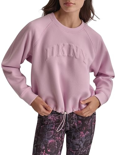 DKNY Varsity Puff Logo Crew Neck Pull Sweater, Rose Lavande, S Femme