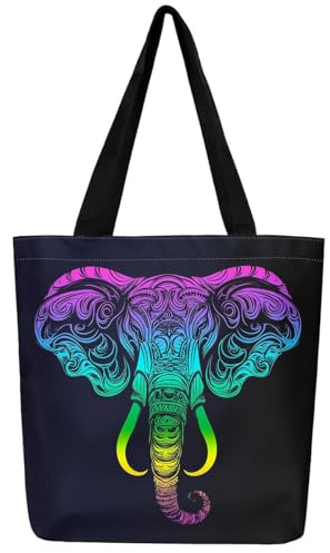 Hippie Elefant Leinwand Einkaufstasche Regenbogen Gradient Einkaufstasche, Bohemian Tribal Tier Einkaufstasche Exotische Ethnische Thema Canvas Tasche, Mandala Paisley Lebensmitteltasche Schwarz