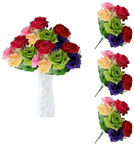 astylishome Künstlicher Blumenstrauss 21 PCS Künstliche Blumen Rosen Sträuße mit Stiel Gefälschte Blume Realistische Rose für Hochzeit Home Garten Party Büro Dekor 0316