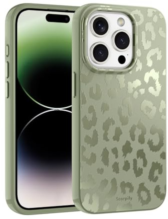 SCORPIFY for iPhone 15 Pro Case [Compatible with MagSafe] with Matte Moss Leopard Cheetah Print Design, Cute Magnetic Phone Cover for Women Girls, Green Neutral Aesthetic, Slim Shockproof Bumper