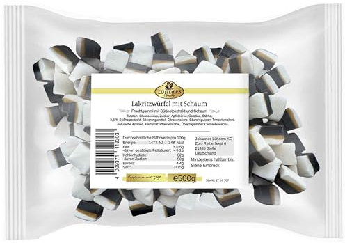 Lühders Lakritzwürfel mit Schaum, 500g, Made in Germany, Angenehm weich und schaumig, Kräftiger Lakritzgeschmack, Perfekte Balance aus Lakritz und Schaumzucker – Für echte Lakritzfans