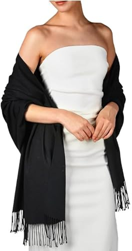 Figarge Damen Winterschal Warm Schwarz Unifarben Baumwolle mit Quasten Pashmina Schals und Wraps Winter Wollschal Warmes Feinstrick Winter Schal und Tücher für Abendkleid