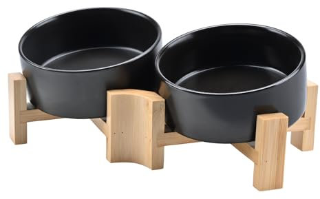 SPUNKYJUNKY 15° Slanted Ceramic Dog and Cat Bowl with Wooden Stand, Tilted Bulldog Food and Water Bowl No Slip Non-Spill for Cats Medium Dogs Big Face Pets 13.5 OZ (1.7 Cups, Black × 2)