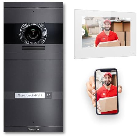 Metzler VDM10 2.0 Video Sprechanlage Komplett Set mit austauschbarem Namensschild - LAN/POE - Türsprechanlage mit HD-Kamera und Bildschirm für 1 Familienhaus, in Eisenglimmer aus V2A Edelstahl