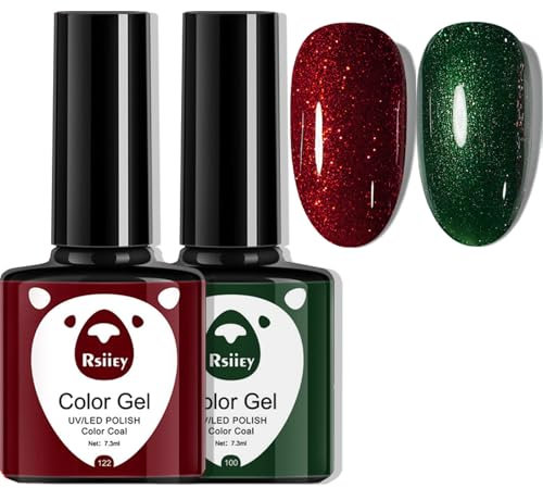 Christmas Gel Nail Polish Set, 2PCS Glitter Red Green Burgundy Dark Red Gel Nail Varnish, Sparkle Shimmer Soak off LED/UV Lamp Nail Manicure Nail Polish Sets for Women Nail Art Salon DIY Home