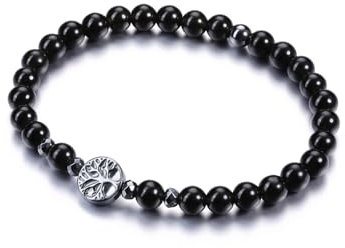 PiercingJak 6mm Obsidian Perlen Armband mit Hämatit Lebensbaum Anhänger Damen Perlenarmband Naturstein Yoga Armreif Spiritueller Schmuck Freundschaft Geschenke für Frauen Mädchen
