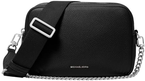 Michael Kors Damen Bryant Medium Double Zip Chain Camera Crossbody Bag Umhängetasche, Silberfarbene Hardware/Kieselstein-geprägtes Leder/Schwarz