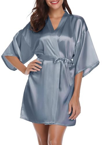 Vlazom Women Kimono Robes Satin Dressing Gown Short Bridal/Bridesmaid Robe Nightwear with Oblique V-Neck Grey Blue, S(UK 6)