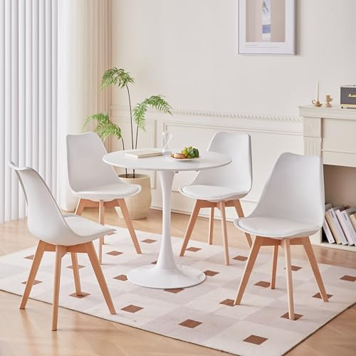 TTATC Mesa de Comedor con Juego de 4 Sillas, Mesa de Comedor Redonda Blanca, 4 Sillas de Comedor con Patas de Madera de Haya, para Cocina, Sala, Comedor, Blanca