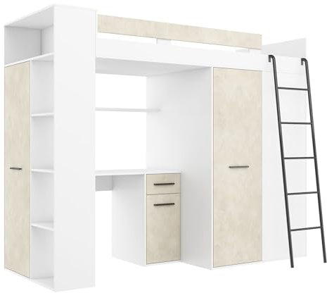 Lit Mezzanine avec Bureau, Armoire et Bibliothèque - Lit Combiné Tout-en-Un pour Enfant - Ensemble Complet 236x120x190 cm - Couchage 90x200 cm - Échelle à Droite - VERANA(Blanc/Granada Amande)
