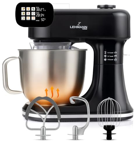 LEHMANN Robot da cucina multifunzione con display, 12 velocità, funzione di fermentazione con funzione di riscaldamento, bilancia integrata, timer, impastatrice con 3 inserti per uova e ciotola da 5 l